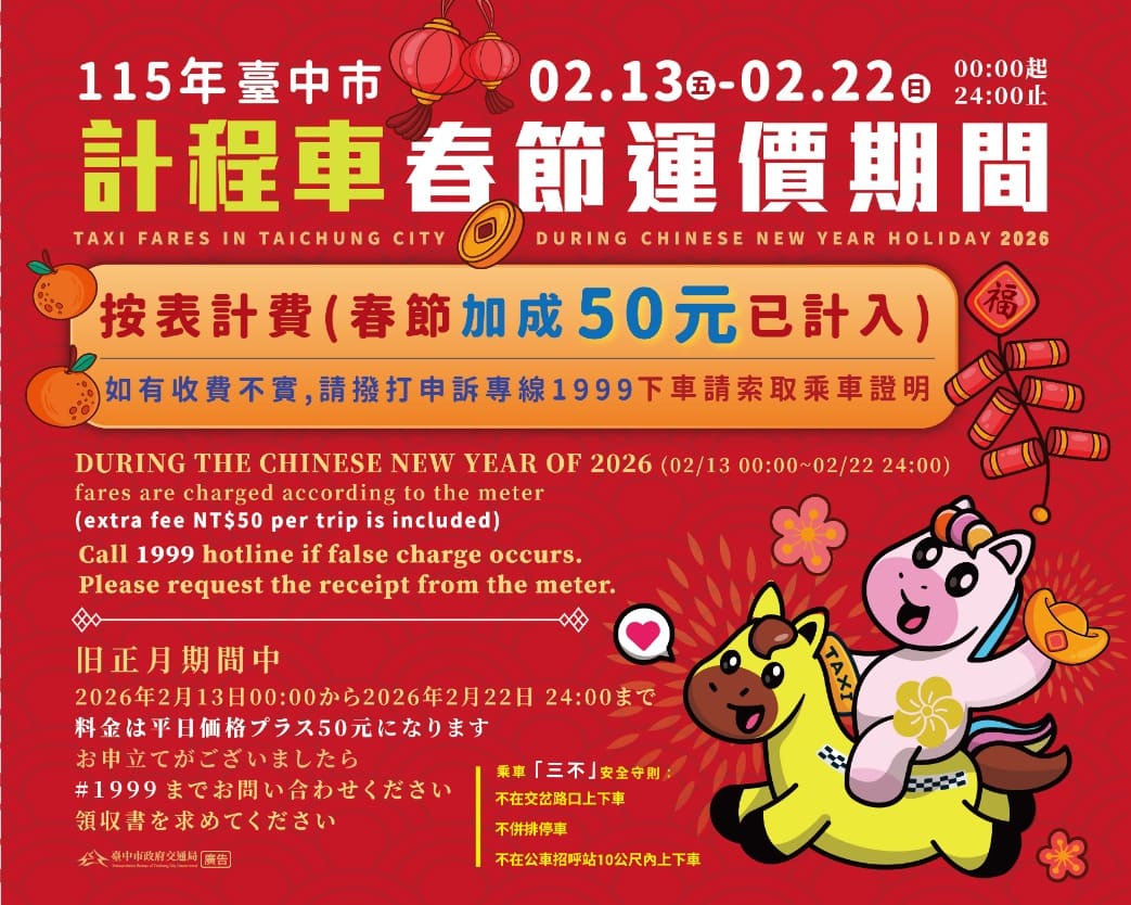 春節搭計程車要注意　中市2/13起實施加成收費
