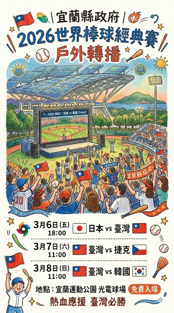 2026世界棒球經典賽熱血開打！ 宜蘭縣政府邀您至光電球場力挺中華隊